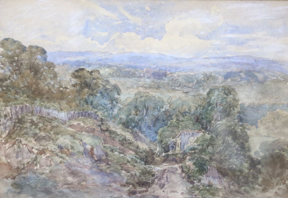 David Cox Jr, watercolour, A hilly landscape, signed and dated 1856, 26 x 36.5cm and a colour print after Cotman